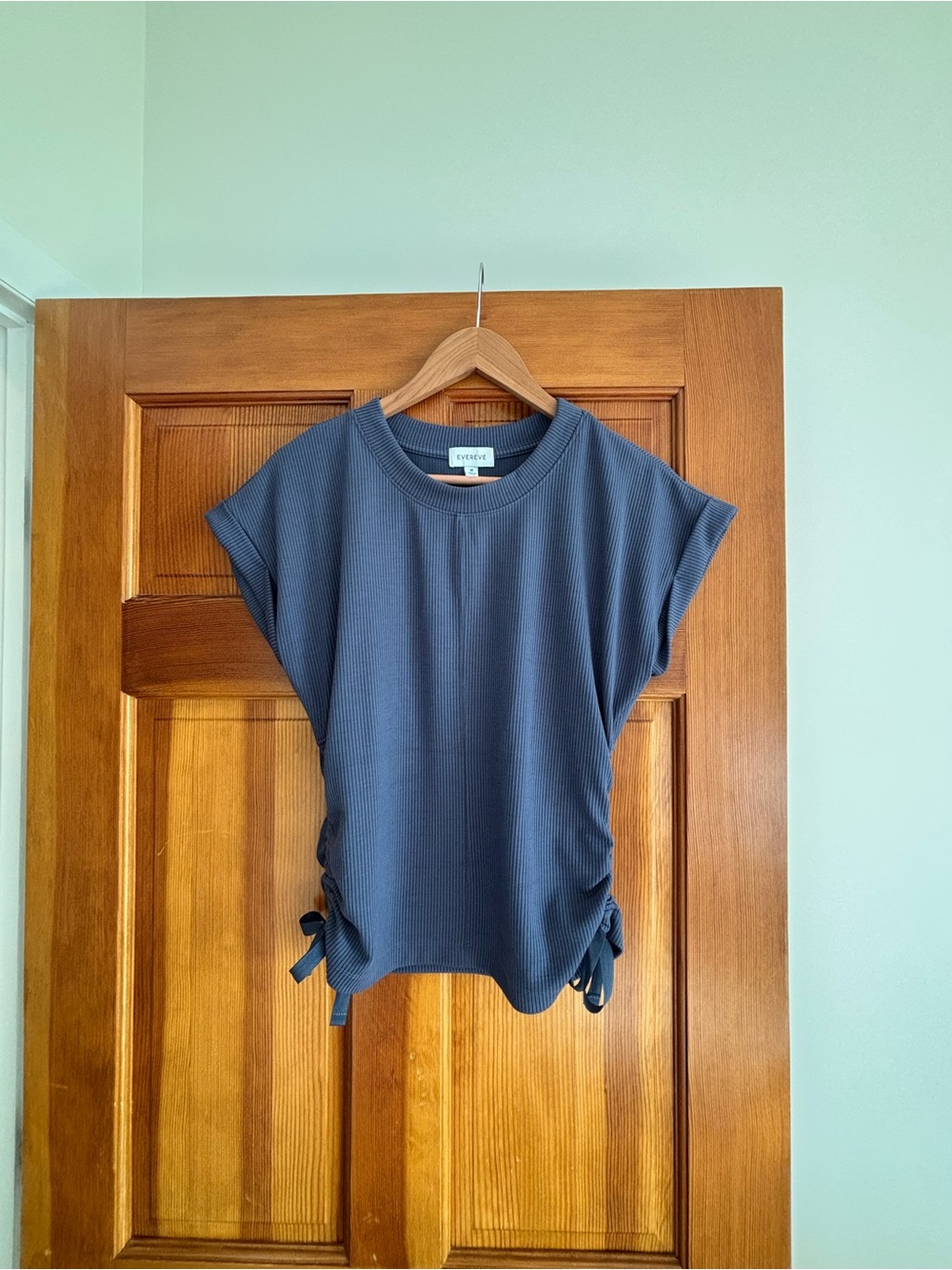 Evereve Slate Blue Ribbed Short-Sleeve Top with Side Ties